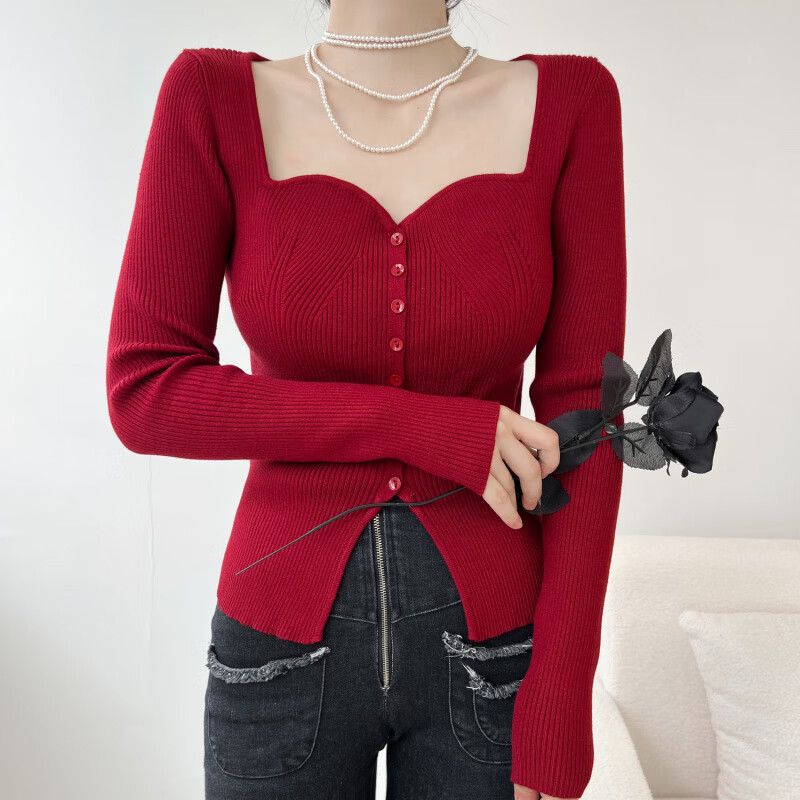 Pierre Cardin French Hong Kong style retro burgundy slim-fitting sweater long-sleeved square neck wave collar buttoned bottoming shirt top for women trendy red S