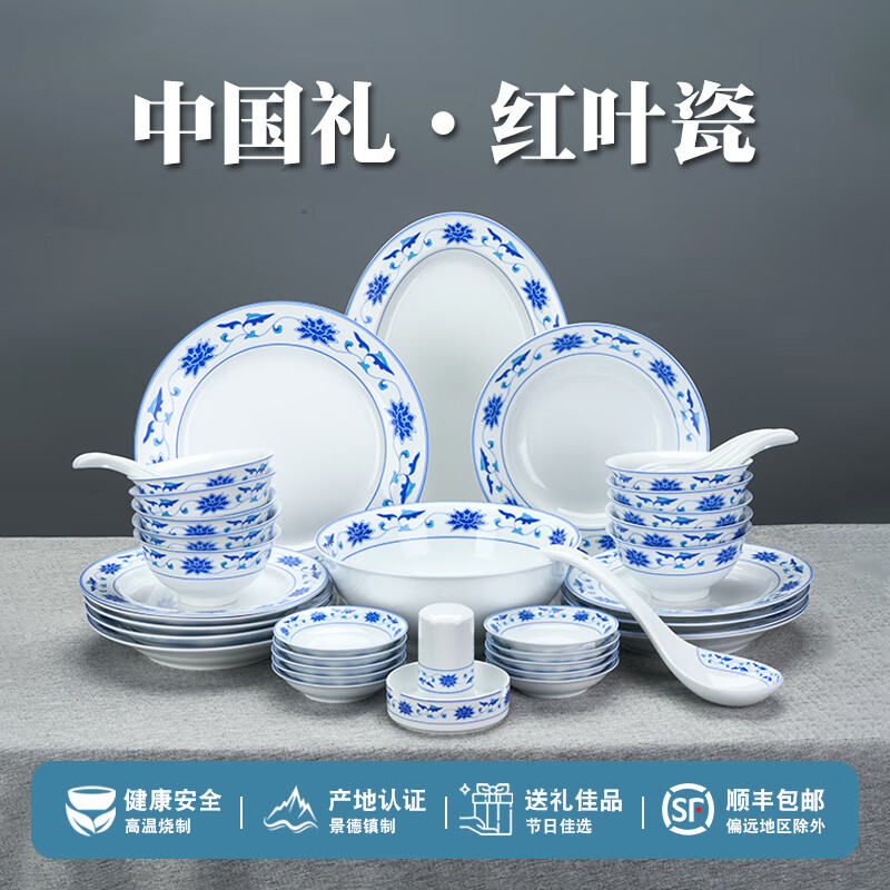 Hongye GZ RL Chinese porcelain Jingdezhen tableware set for home use a complete set of ten bowls and ten plates (56 pieces of Sichuan Zilianzhong tableware)