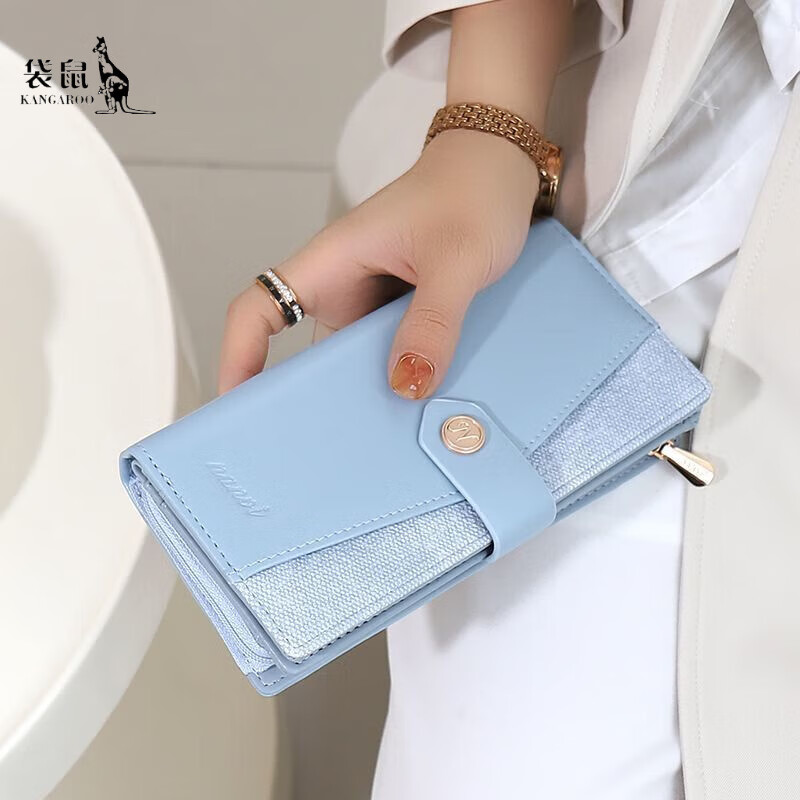 Kangaroo Leather Wallet Women's 2025 New Korean Style Large Capacity Long Wallet Women's Card Holder Wallet Two-in-One Women Blue