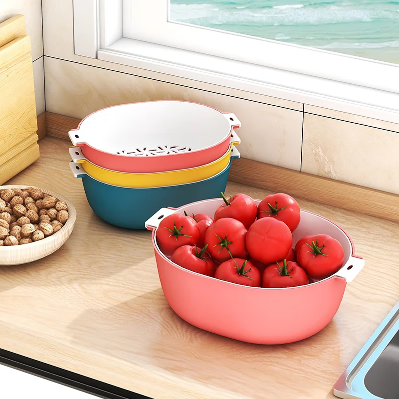 Fruit plate vegetable basket kitchen double layer drain basin plastic drain basin new fruit washing basin drain basket oval-double layer red medium