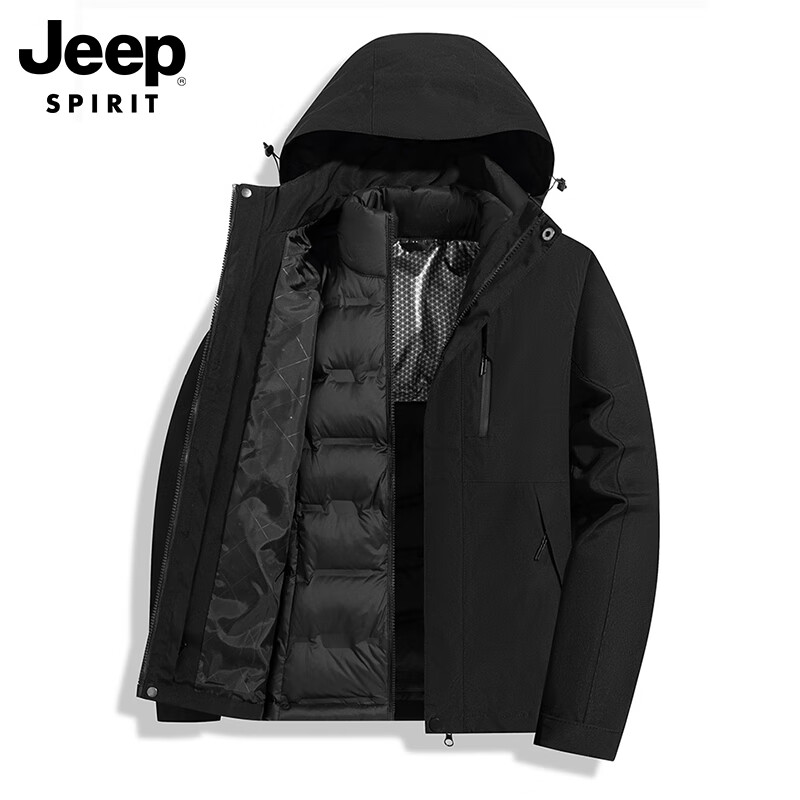 JEEP SPIRIT Jeep Jacket Down Jacket Men's and Women's Winter Three-in-One Removable Liner Jacket Black 2XL