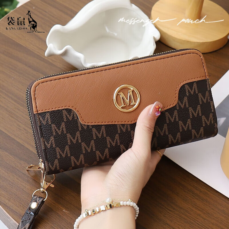 Kangaroo Double Zipper Wallet 2025 New Printed Splicing Large Capacity Clutch Practical Long Wallet Card Holder Integrated Brown