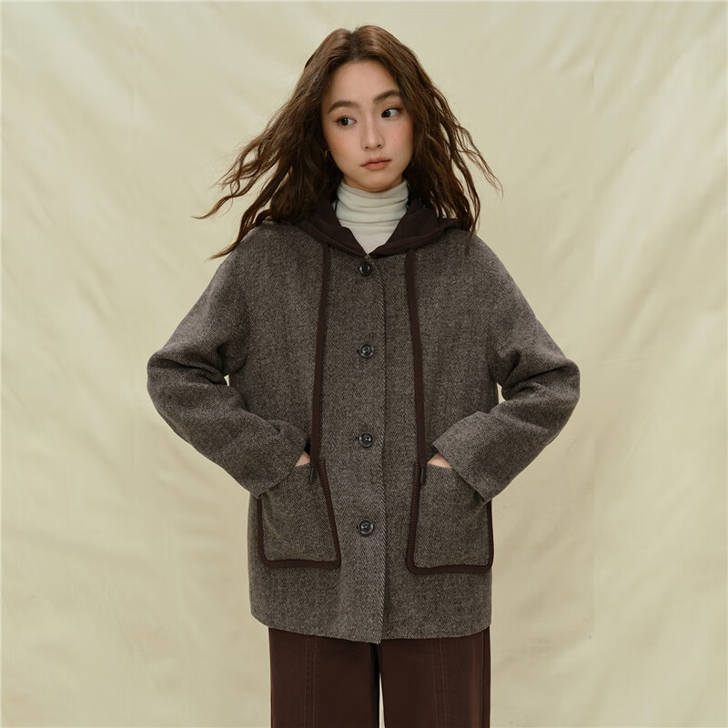 Giordano designer woolen jacket women's new fake two-piece color matching loose hooded jacket 18375715