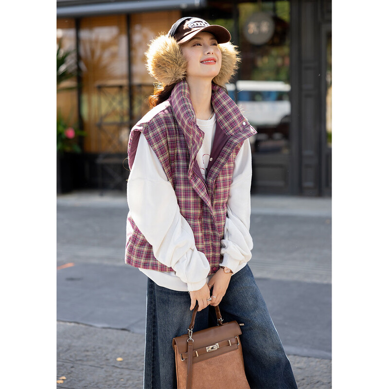 Ives (ITISF4) fashionable versatile stacked vest retro plaid down vest 90 white duck down jacket pink plaid S