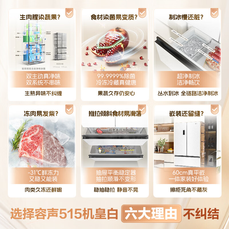 Rongsheng Cube Sugar 515L French-style multi-door refrigerator dual-system ultra-thin zero-embedded automatic ice making first-class energy efficiency white BCD-515P60FZNAD National Subsidy World Cup