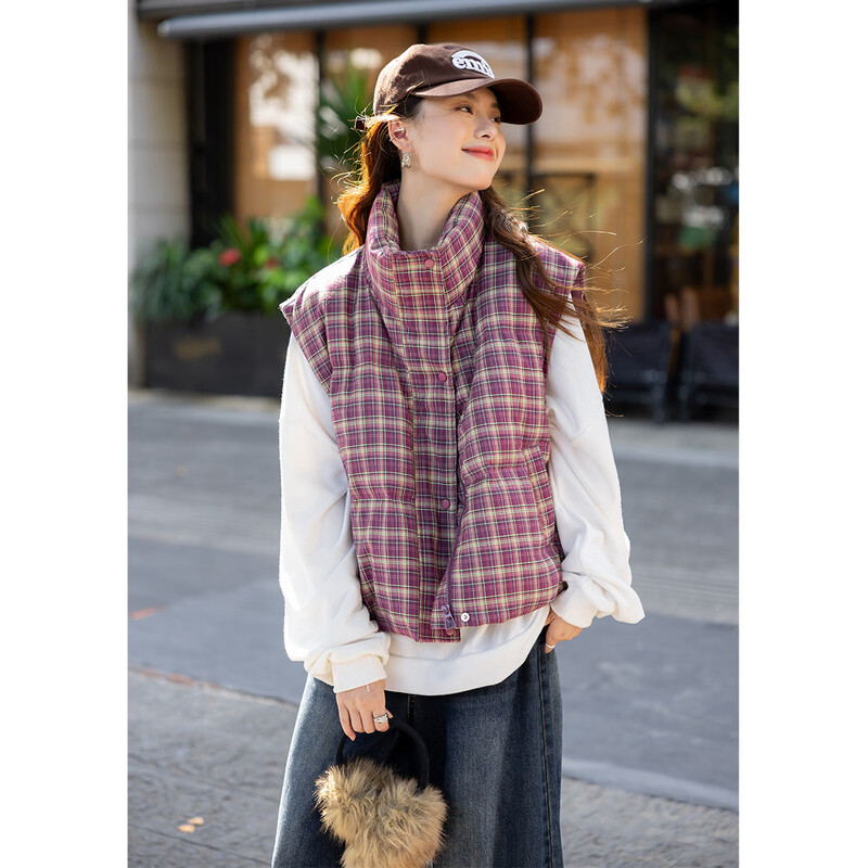 Ives (ITISF4) fashionable versatile stacked vest retro plaid down vest 90 white duck down jacket pink plaid S