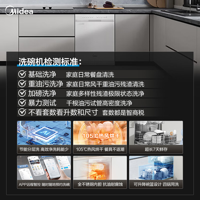 Midea RX600Max white 14-set dishwasher fully upgraded 105 hot air drying + lifting basket, first-class water efficiency, Samsung disinfection layered washing