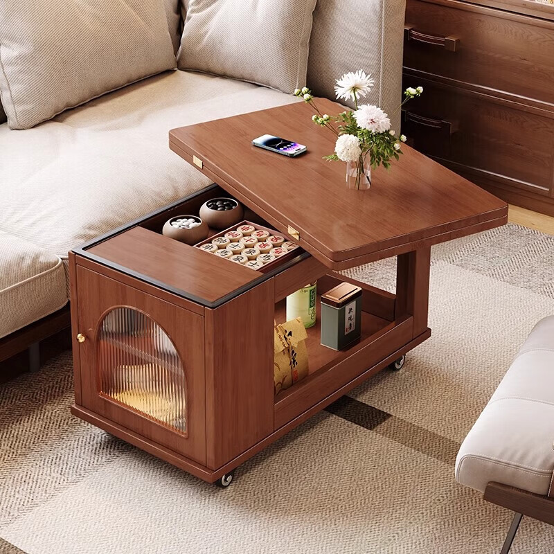 Mobile side table foldable small coffee table living room household small apartment sofa side cabinet solid wood multi-functional trolley walnut color all solid wood folding side table