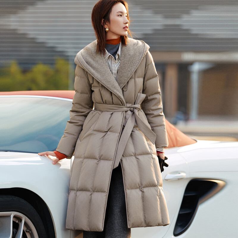 EP Yaying long goose down jacket for women, graphene heating, light and warm, waist-cinching down jacket, same style as the mall Y209A, gray 700+ high loft goose down, quiet luxury old money style M, down filling capacity 195g