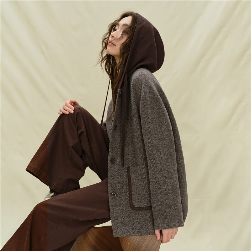 Giordano designer woolen jacket women's new fake two-piece color matching loose hooded jacket 18375715