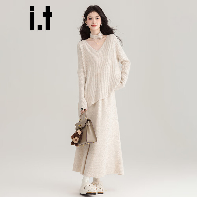 CHOCOOLATEit French irregular hem knitted sweater set for women, winter high-end skirt two-piece set, apricot M