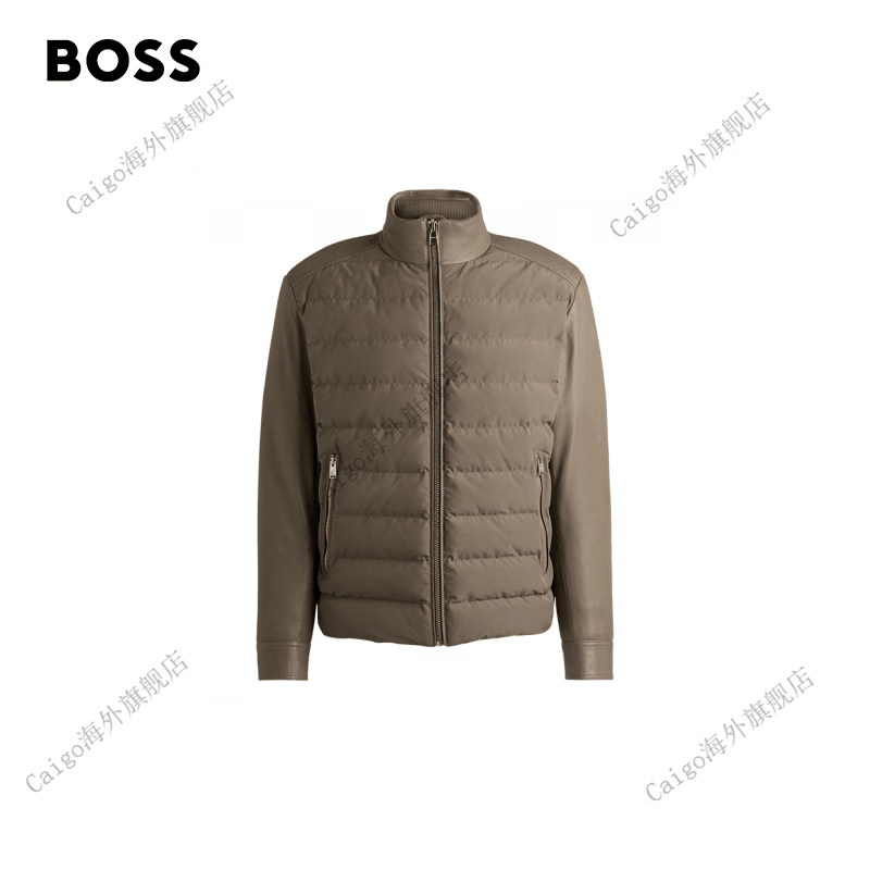 BOSS Men's Sheep Leather Sleeve Padded Jacket 376-Khaki One Size 50