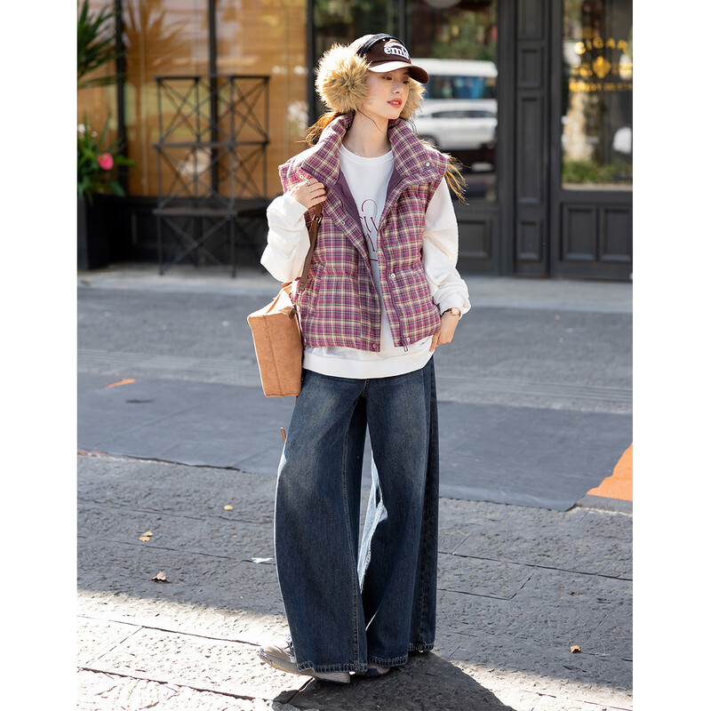 Ives (ITISF4) fashionable versatile stacked vest retro plaid down vest 90 white duck down jacket pink plaid S