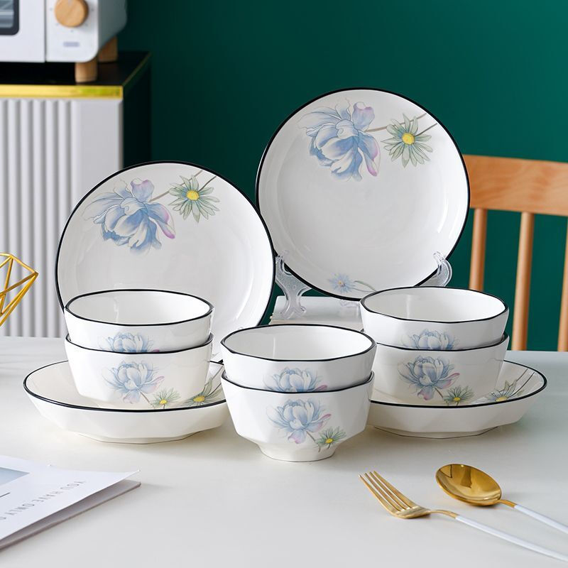 Qinkai Guoxianghua bowl and dish set for home use, light luxury and high appearance, new style ceramic tableware set for housewarming, 40 pieces, 10 bowls, 10 plates, 10 spoons, 10 chopsticks