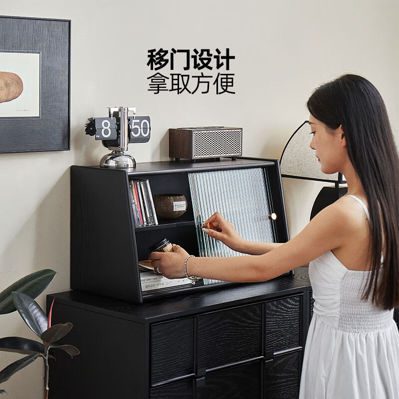 Aibiju solid wood sideboard kitchen storage rack Nordic wall cabinet home dining table bowl counter top storage cup holder smoked black small size 45cm