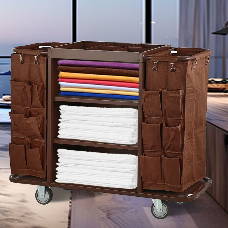 Linen cart, work cart, hotel room multi-function hand push cleaning cart, cloth bag, guest room entrance hygiene service cart, 4-inch wheels on one side, suitable for carpets