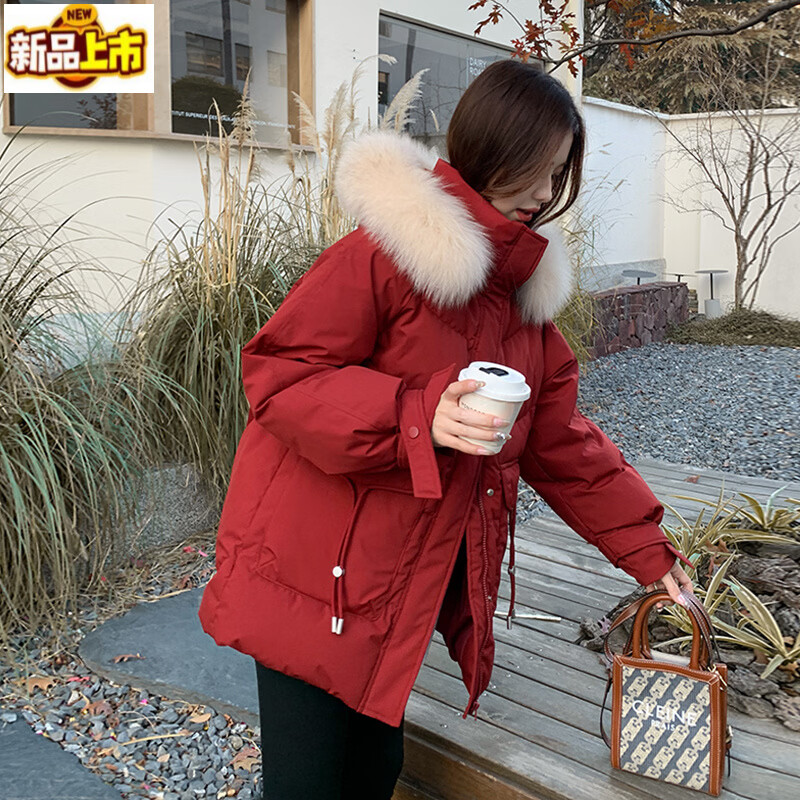 Sorrynam red high-end atmospheric upper-grade fur collar down jacket women's winter new design fashionable white duck down jacket red XS 80-95 pounds