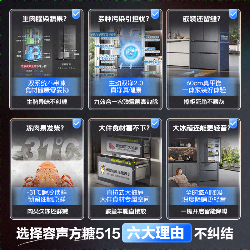 Rongsheng Tangtang 515 active dual-purification dual-system French multi-door four-door ultra-thin zero-embedded refrigerator first-class energy efficiency World Cup BCD-515P60FZMAD gray national subsidy