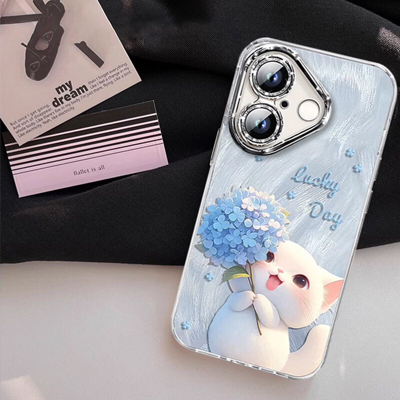 Jiang Ming comes with lens film suitable for Apple 17 mobile phone case iphone17 protective cover all-inclusive anti-fall Internet celebrity light luxury high-end creative men and women feather yarn shell hydrangea cat with bracelet