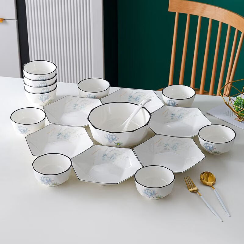 Qinkai Guoxianghua bowl and dish set for home use, light luxury and high appearance, new style ceramic tableware set for housewarming, 40 pieces, 10 bowls, 10 plates, 10 spoons, 10 chopsticks