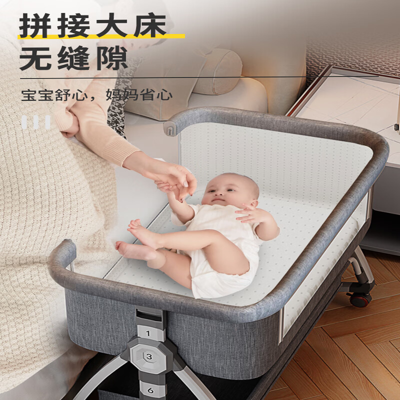 JOT TMM crib can be spliced into a large bed, a rocking bed, a movable newborn multi-functional sleeping device, a foldable bed, coral gray, coconut palm mattress + changing table
