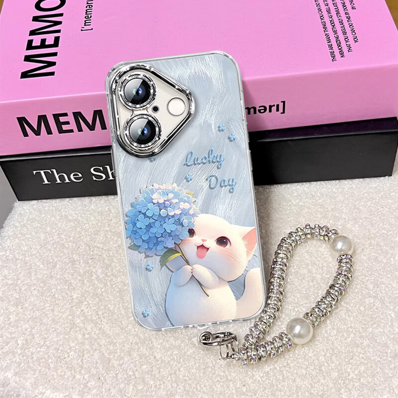 Jiang Ming comes with lens film suitable for Apple 17 mobile phone case iphone17 protective cover all-inclusive anti-fall Internet celebrity light luxury high-end creative men and women feather yarn shell hydrangea cat with bracelet