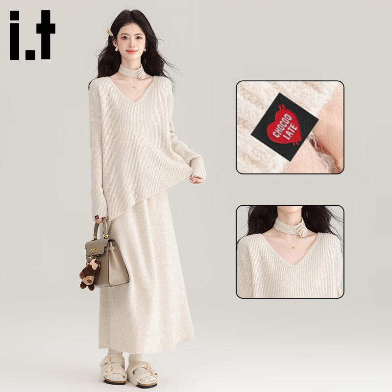 CHOCOOLATEit French irregular hem knitted sweater set for women, winter high-end skirt two-piece set, apricot M