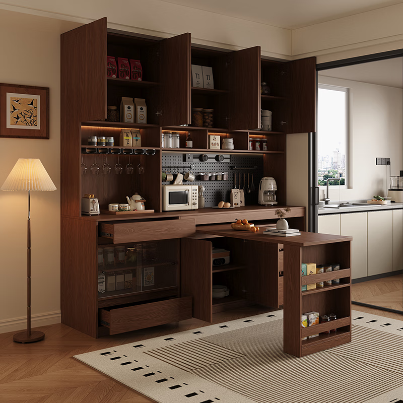 French poetry custom oak solid wood sideboard living room folding retractable dining table integrated deep walnut wall-to-top storage cabinet 1.2*2.0 (three doors) + 1.0 meter dining table. By default, a perforated board and a double-hole track socket are given.