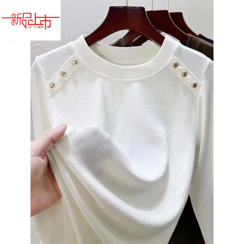 Yalu De Velvet Plus Velvet Thickened Shoulder Button Long Sleeve T-shirt Women's Autumn and Winter New Style Round Neck Fashion Warm Bottoming Shirt for Women's Outerwear White M