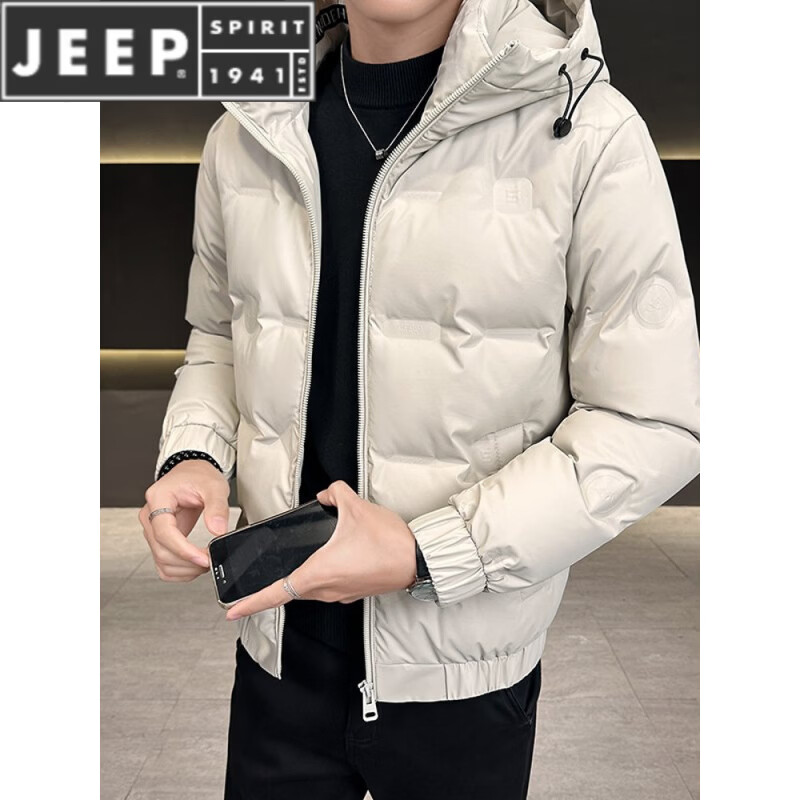 JEEP SPIRIT men's short winter hooded down jacket 2025 new thickened warm slim fit wash-free winter jacket trend 1053-1 style black M 90-105 catties