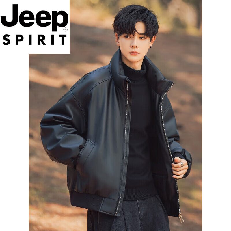 JEEP SPIRIT International Brand Stand Collar Down Jacket Men's Winter Thickened Cold Warm Motorcycle PU Leather Jacket Jacket Short Black L (125-140 catties)