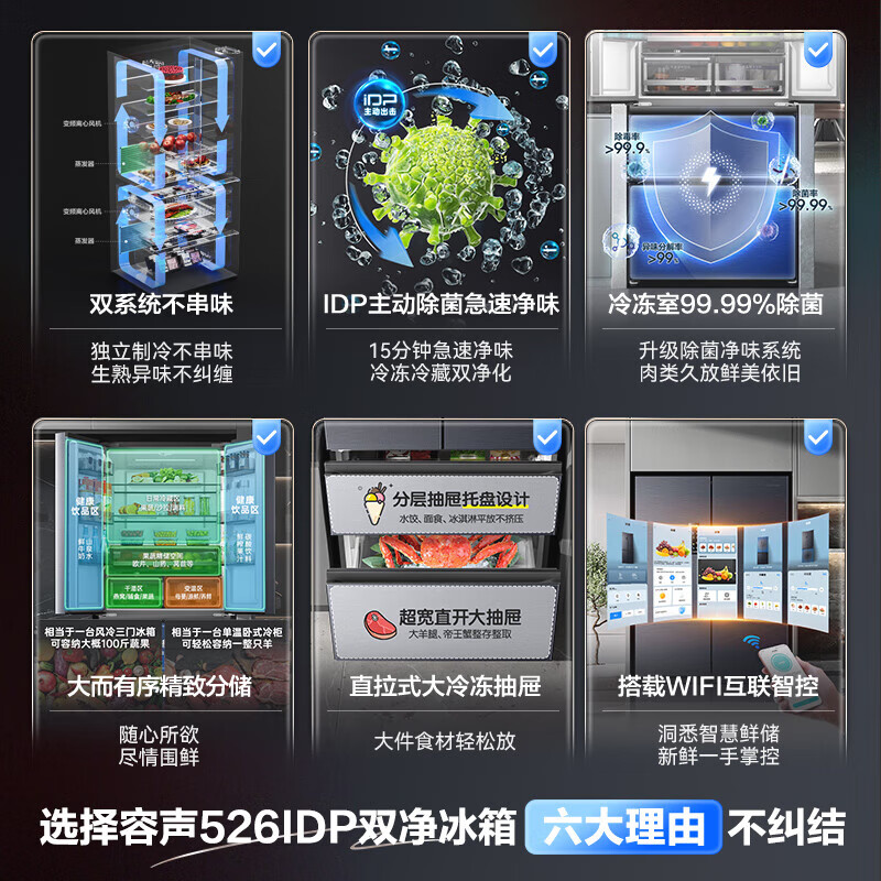 Rongsheng 526-liter dual-purification dual-system double-circulation French-style multi-door four-door refrigerator household large-capacity first-class energy-saving dual-frequency IDP active sterilization air-cooled frost-free Rongsheng 526-liter dual-purification dual-system sterilization refrigerator