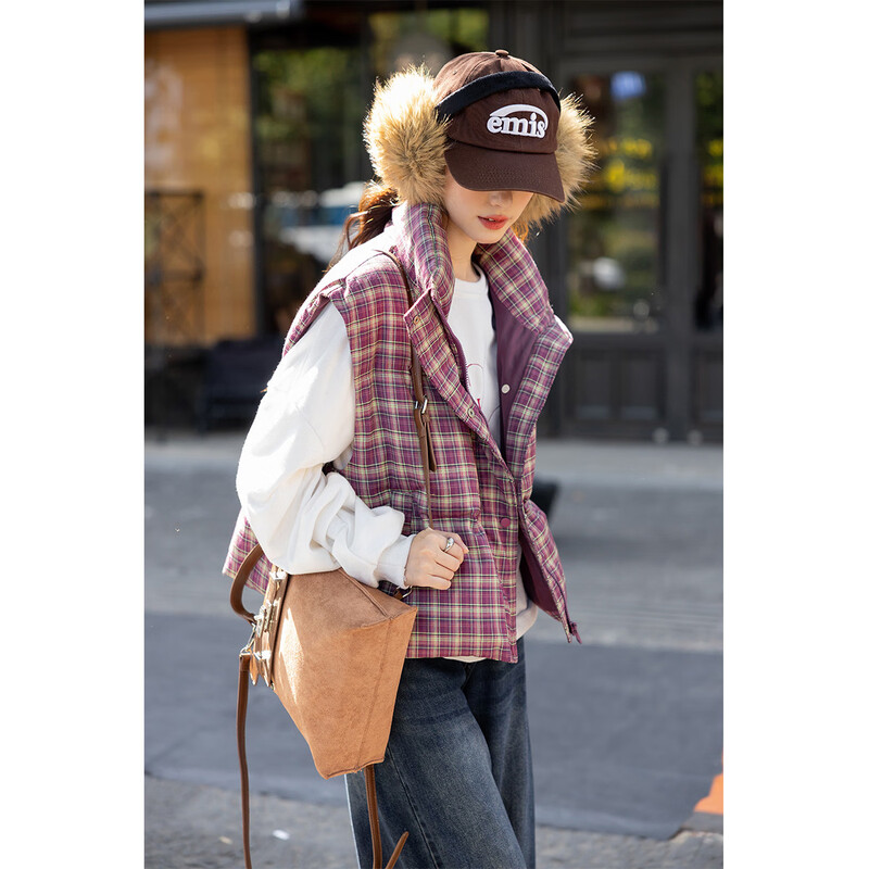 Ives (ITISF4) fashionable versatile stacked vest retro plaid down vest 90 white duck down jacket pink plaid S