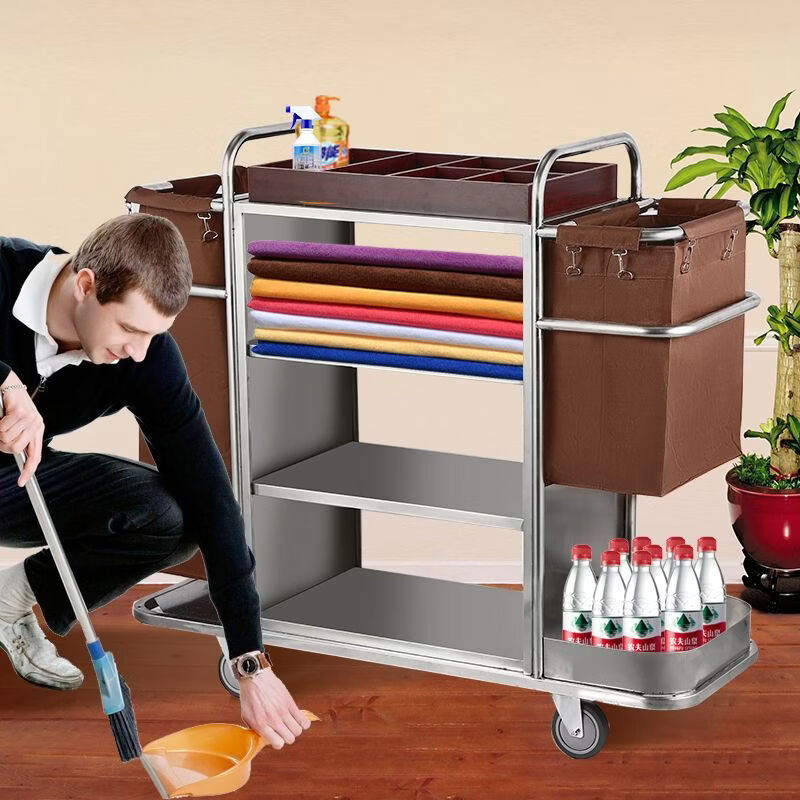 Linen cart, work cart, hotel room multi-function hand push cleaning cart, cloth bag, guest room entrance hygiene service cart, 4-inch wheels on one side, suitable for carpets