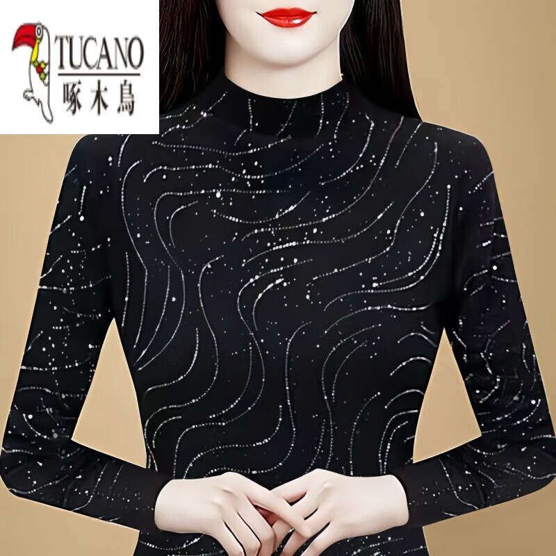 Woodpecker (TUCANO) velvet and thickened lace bottoming shirt for women, stylish autumn and winter 2026 new warm long-sleeved half-turtle collar top, orange, velvet, thickened, 3XL, recommended 135-150 pounds