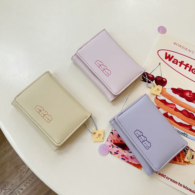 Fuyan cheese cheese short small wallet for women 2024 new student cute cartoon large capacity card holder tri-fold blue cheese style - with pendant upgraded version - anti-degaussing + anti-theft brush