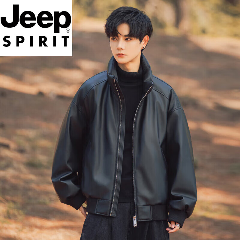 JEEP SPIRIT International Brand Stand Collar Down Jacket Men's Winter Thickened Cold Warm Motorcycle PU Leather Jacket Jacket Short Black L (125-140 catties)