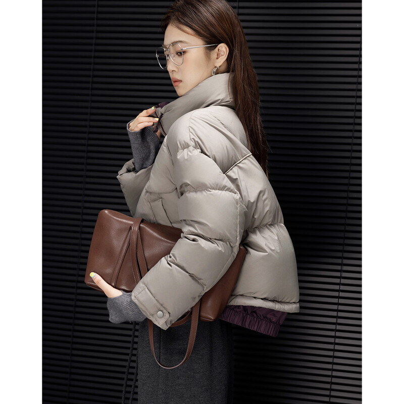 Demana 90 duck down winter drawstring contrast color stand collar four-layer craft checkered line loose women's bread down jacket