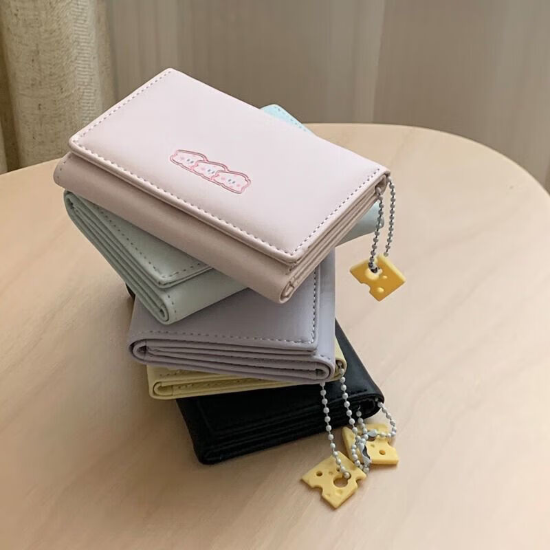 Fuyan cheese cheese short small wallet for women 2024 new student cute cartoon large capacity card holder tri-fold blue cheese style - with pendant upgraded version - anti-degaussing + anti-theft brush