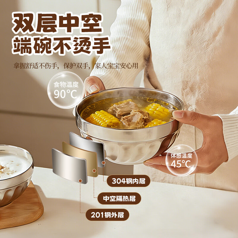 MAXCOOK 304 stainless steel bowl 12CM soup bowl tableware noodle bowl double-layer insulation MCWA-094