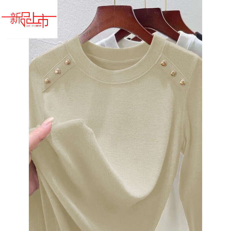 Yalu De Velvet Plus Velvet Thickened Shoulder Button Long Sleeve T-shirt Women's Autumn and Winter New Style Round Neck Fashion Warm Bottoming Shirt for Women's Outerwear White M