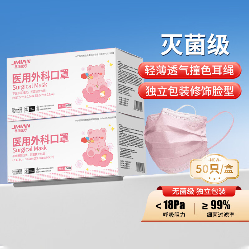 Interface medical surgical mask adult disposable sterilization grade breathable 50 pink masks individually packaged anti-virus