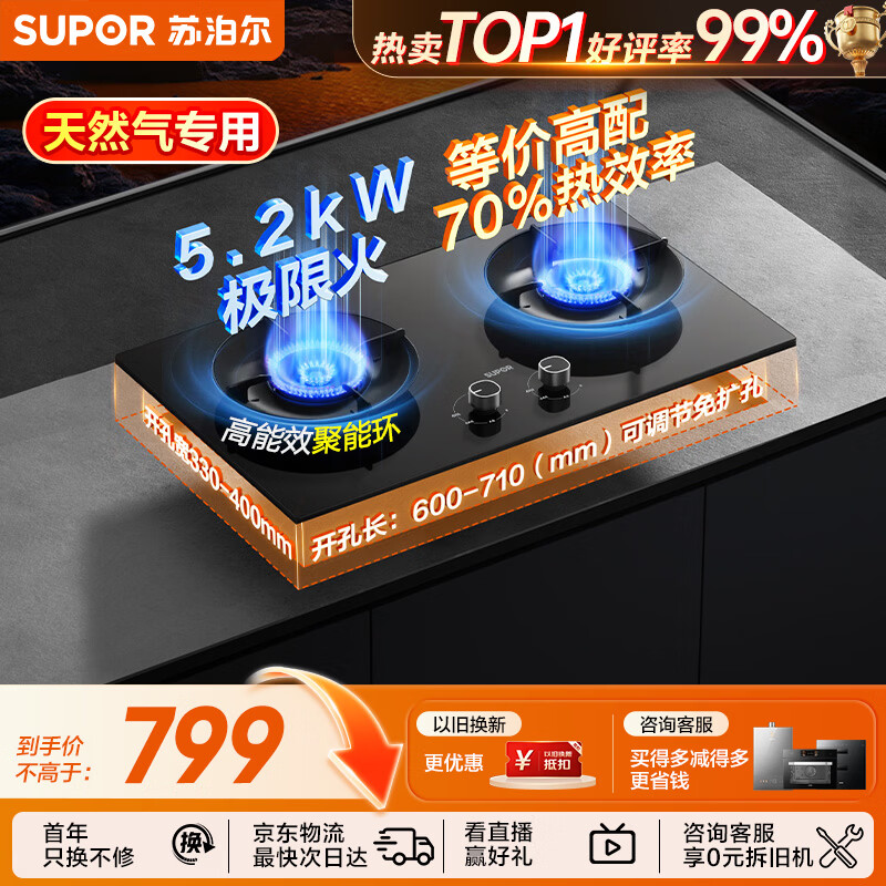 SUPOR gas stove household natural gas double stove 5.2KW strong fire 70% high thermal efficiency gas stove embedded adjustable chassis DB28S