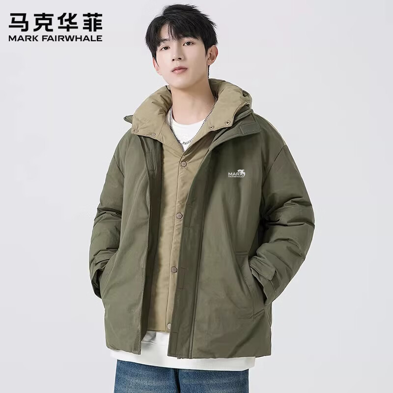 MARK FAIRWHALE American retro casual down jacket for men 2026 spring new contrast color warm and comfortable trendy brand thickened top khaki 85% white duck down L recommended 120-140 pounds