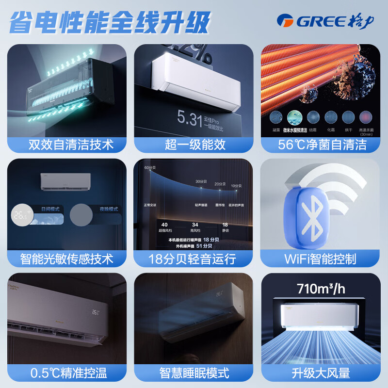 Gree air conditioner Yunjia pro large 1 horse new first-class energy efficiency frequency conversion pure copper tube bedroom hanger new product upgrade power-saving air conditioner national subsidy KFR-26GW/NhMa1BG