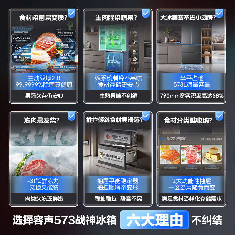 Rongsheng 526 upgraded model Ares 573L French multi-door four-door refrigerator large capacity dual system ultra-thin embedded first-class energy efficiency air-cooled frost-free household BCD-573N40FQLAD national subsidy