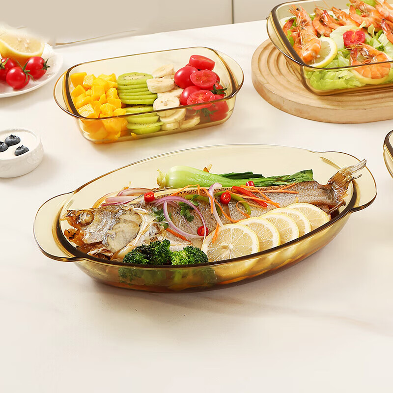 Corning tableware heat-resistant glass steamed fish plate oval baking pan amber dinner plate dish plate rice plate microwave safe