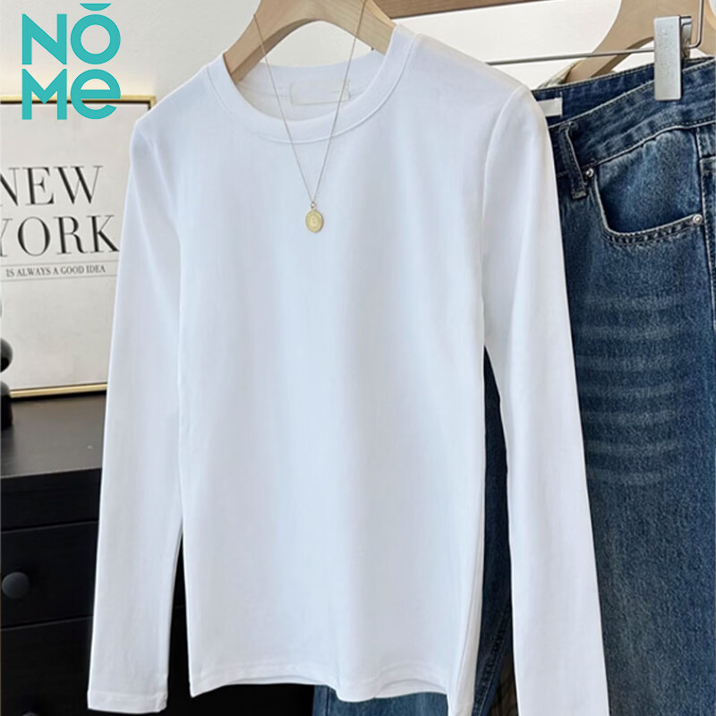NOME bottoming shirt for women 2025 new autumn and winter pure cotton long-sleeved T-shirt with slim round neck versatile top black S