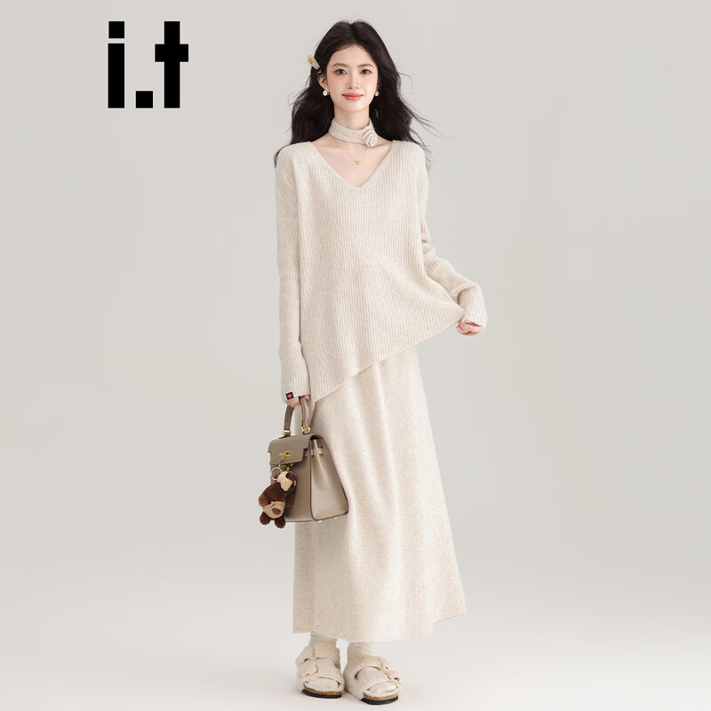 CHOCOOLATEit French irregular hem knitted sweater set for women, winter high-end skirt two-piece set, apricot M