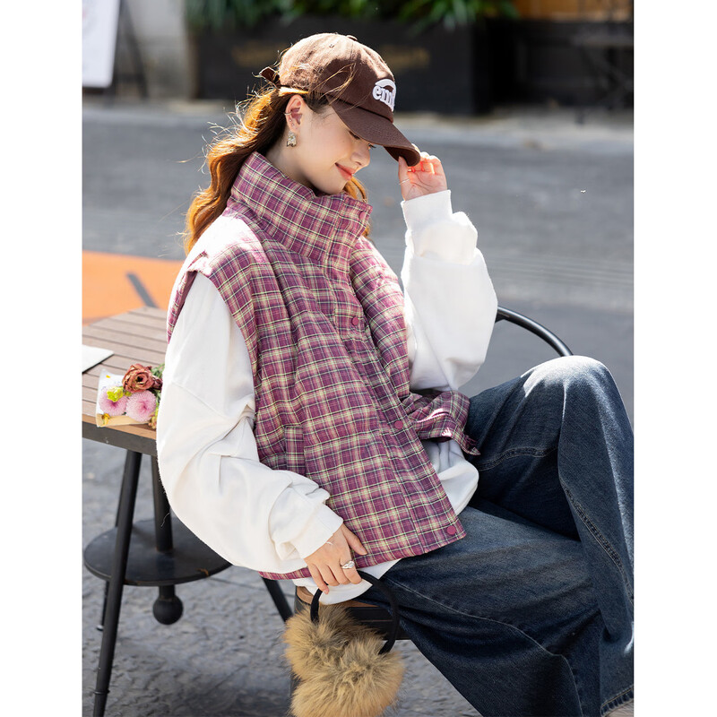 Ives (ITISF4) fashionable versatile stacked vest retro plaid down vest 90 white duck down jacket pink plaid S